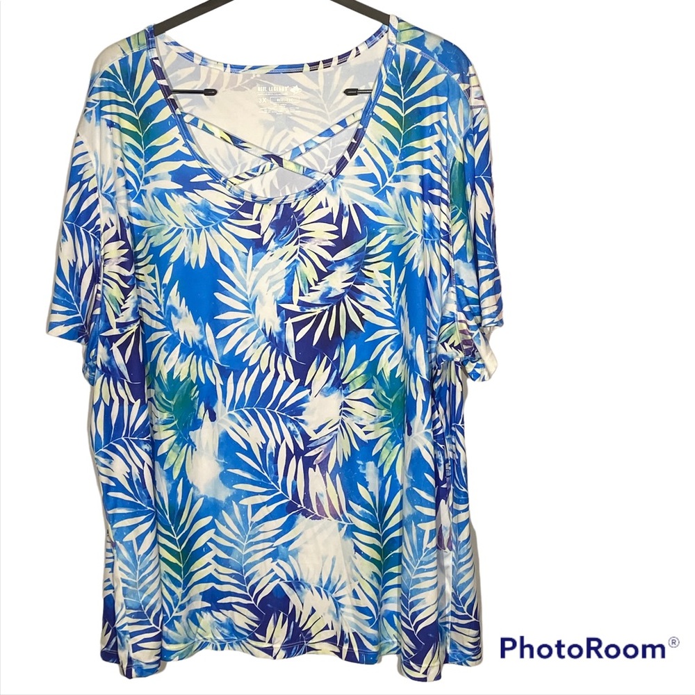 Reel Legends NW/oT Lattice Neckline Top 3x Bachelor Button Blue Print